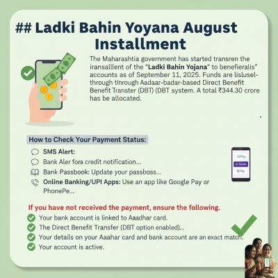 Find out the latest on Maharashtra's 'Ladki Bahin Yojana' installment. Learn how to check if the August payment has been credited to your account and understand the eligibility criteria for this Direct Benefit Transfer (DBT) scheme.
