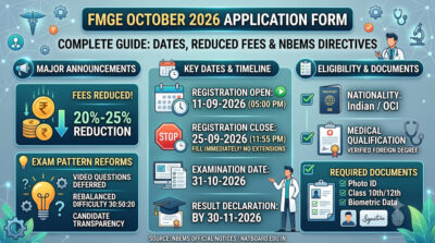 Official NBEMS notification announcing the fmge october 2026 application form and fee reduction schedule